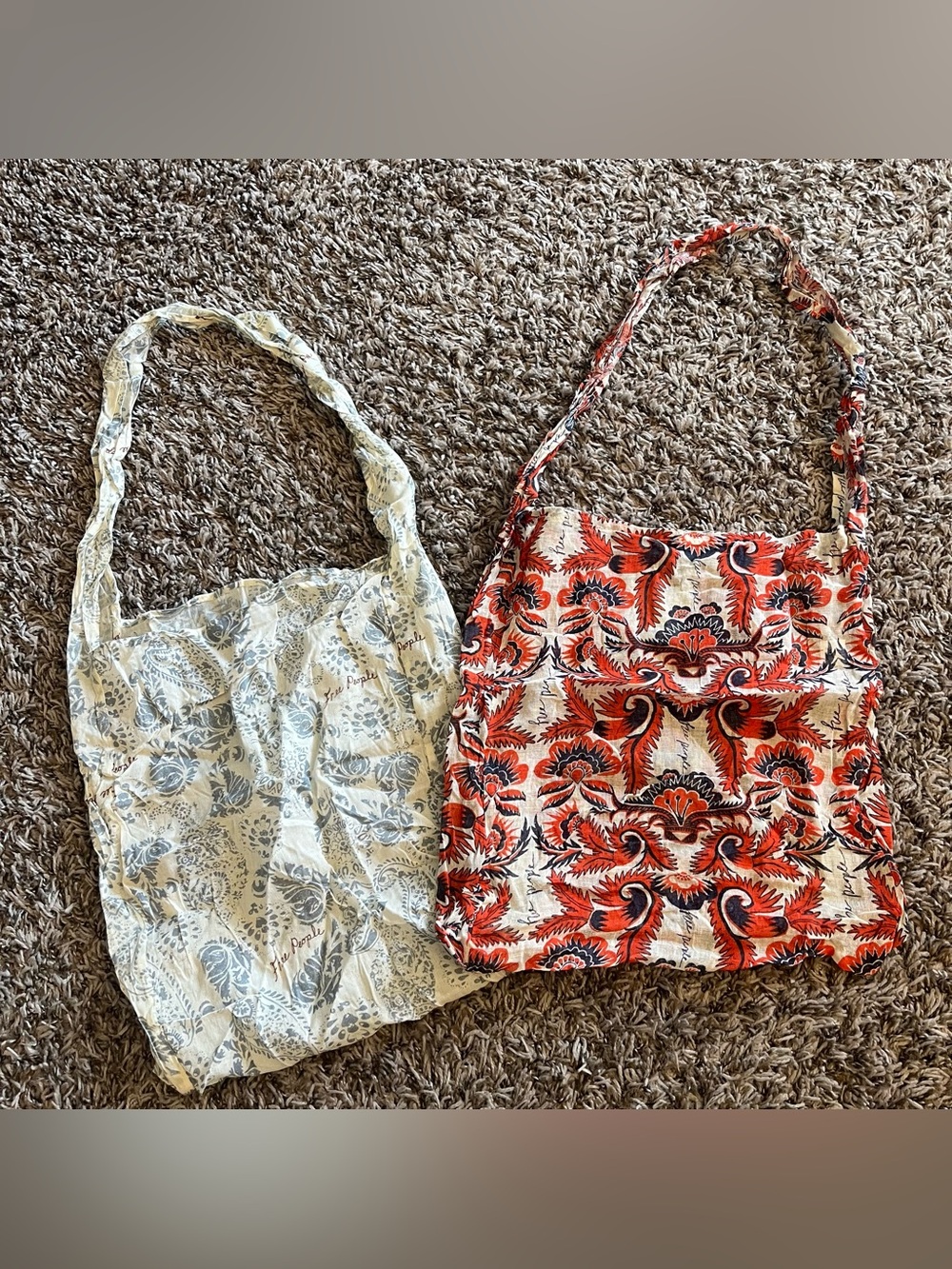 Free People Reusable Tote Bags Set of 2 Floral Geometric Cotton Gauze Boho